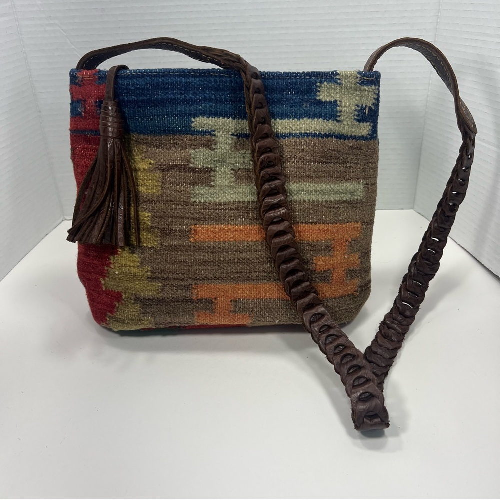 Vintage Kilim Bag Wool Tooled Leather Crossbody Strap Aztec Tapestry